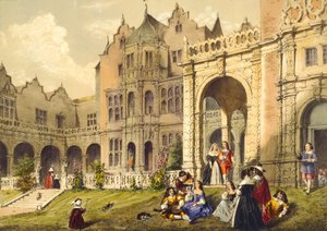Teras çimenliğinde serinletici, Holland House, Kensington, 'Orta Çağ'da Mimarlık', 1838 by Joseph Nash