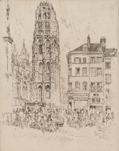 Çiçek Pazarı ve Tereyağı Kulesi, Rouen, 1907. by Joseph Pennell