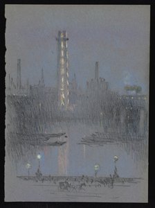 Gece ışıkları ile Shot Tower, Embankment by Joseph Pennell