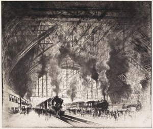 Gelen Trenler ve Giden Trenler, Pennsylvania Demiryolu, Philadelphia, 1919 by Joseph Pennell