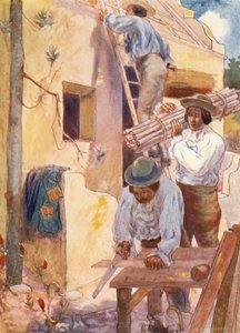 Huguenotlar Evlerini İnşa Ediyor (renkli litho)