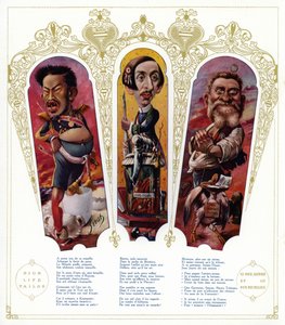 Karikatürler: Japonya İmparatoru Meiji; Maurice Barres, Fransız yazar ve milliyetçi politikacı; Jean Jaures, Fransız politikacı (renkli taş)