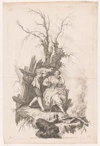 Ateşin yanında köpek olan kadın ve erkek Kış mevsimi Four Seasons (dizi adı) by Joseph Wagner (possibly)