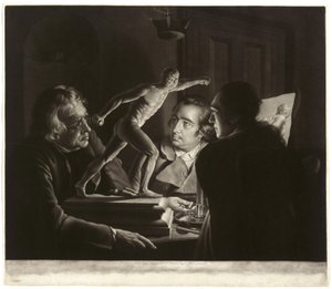 Mum Işığında Gladyatöre Bakan Üç Kişi, William Pether tarafından oyulmuş, 1769 by Joseph Wright of Derby