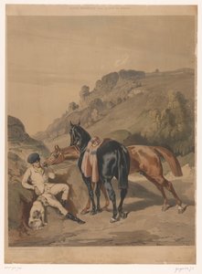 Bir manzara içinde dinlenme binici ile iki at Alfred de Dreux