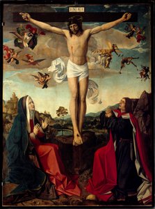 Calvary. Haç dibinde Meryem ve Aziz John ile çarmıha germe. Haç üzerinde “”INRI”” yazısı. San Sebastian veya Josse Lieferinxe ustası tarafından yapılan boyama (1493