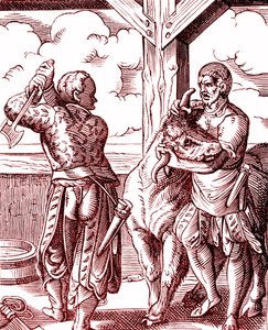Bir kasap - Orta Çağ'da yemek ve yemek pişirme. Jost Amman'ın (1539-1591) gravürü. Gravür 1878 by Jost (after) Amman