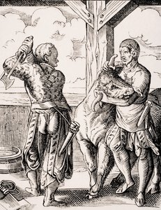 Kasap ve Yardımcısı, Paul Lacroix'in (1806-84) 'Le Moyen Age et La Renaissance' adlı eserinden Jost Amman'ın (1539-91) 16. yüzyıla ait bir gravürünün reprodüksiyonu, 1847'de yayınlandı (lito) by Jost (after) Amman