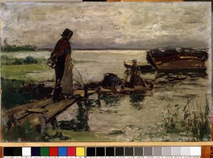 "Kıyıda" (Deniz kıyısında) Su kenarında Hollandalı köylü kadınlar. Josef Israels (1824-1911) tarafından yapılan boyama Mikalojus Konstantinas Ciurlionis Güzel Sanatlar Müzesi, Kaunas, Litvanya