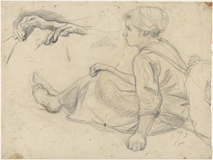 Oturan bir balıkçı kızın çizimleri by Jozef Israëls