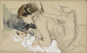 Oturan anne bebeği kaldırıyor by Jozef Israëls