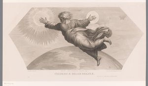 Tanrı güneşi ve ayı yaratır Fecit duo luminaria magna. gen. I. Fredericae Belgii reginae (nesne üzerindeki başlık) Les loges de Raphaël (...) sujets de la bible (dizi başlığı) Raphael'in Localarından İncil sahneleri (dizi başlığı) by Jozef Karel De Meulemeester