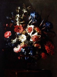 Bir kaide üzerinde bir vazoda süsen, şakayık, konvolvuli ve diğer çiçekler by Juan de Arellano