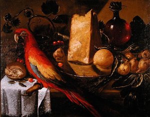 Papağan ile natürmort (Macaw) (tuval üzerine yağlı boya) by Juan de Labrador
