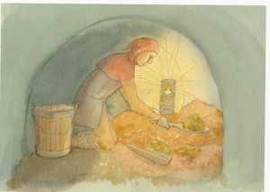 Bir ortaçağ gongfermour veya gong çiftçisi, iş başında, 2004.