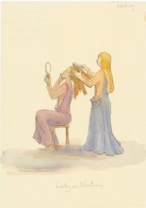 Bekleyen bir ortaçağ hanımı, bir hanımın saçını fırçalıyor, 2004. by Judith Dobie