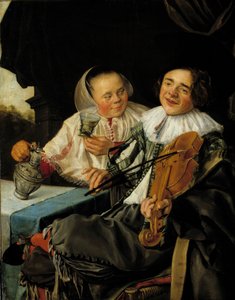 Neşeli şirket Bir kemancı ve bir kadın ona bir kadeh şarap ikram ediyor, ikisi de sarhoş. Judith Leyster