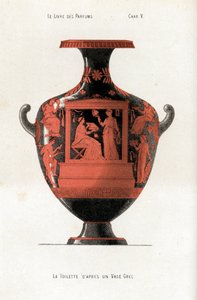 Bir kadını süsleyen Yunan vazosu, bir yelpazeyi sallayan bir köle tarafından desteklenen bir kutu kozmetik ve parfüm tutan bir tuvalet by Jules (after) Cheret