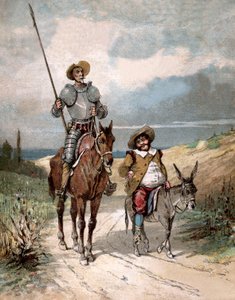 Don Kişot ve Sancho Panza, Miguel de Cervantes#39;in quot;Don Kişot Tarihiquot; kitabının illüstrasyonu, Jules David#39;in gravürü