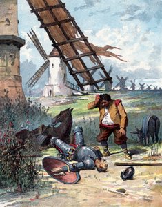 Don Kişot yel değirmenleriyle savaştı ve atından düştü, Sancho Panza efendisine bakıyor, Miguel de Cervantes#39;in quot;Histoire de Don Quichottequot; adlı kitabının illüstrasyonu, Jules David#39;in gravürü