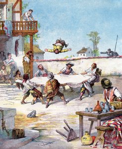 Han#39;da, Sancho Panza dayak yiyor, ustası Don Kişot#39;u yardıma çağırıyor, Miguel de Cervantes#39;in quot;Histoire de Don Quichottequot; adlı kitabının illüstrasyonu, Jules David#39;in gravürü