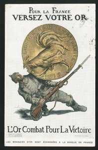 Kartpostal, Satirique en Colours, yaklaşık 1915: Fransa için, Altınını dökün - 14-18 Savaşı, Almanya Prusya, Gümüş, Savaşçılar ve semboller, Zafer, Ödünç Alma, Vatansever Yolculuklar - Horoz - Çizim Abel Faivre (1867-1945) by Jules Abel Faivre