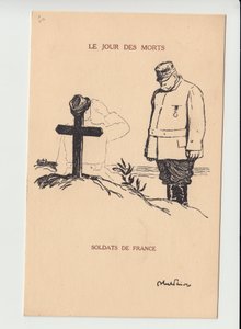 Kartpostal, Satirique en N & B, yak. 1915: Ölülerin Günü - 14-18 Savaşı, Yas Obseques Funerailles - Joffre, Askerler Çizimi Abel Faivre (1867-1945) by Jules Abel Faivre