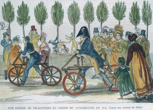 1818'de Jardin du Luxembourg'da bir velocipede yarışı, zamanın bir gravürünün ardından, P. Comte (19. yüzyıl) tarafından oyulmuş (renkli gravür) by Jules Antoine Duvaux