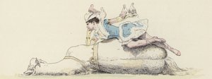 Sirk sanatçısı, ata binmiş, kolunda ve kafasında güvercinlerle (renkli taş) by Jules Arsene (after) Garnier