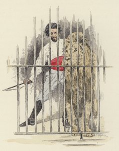 Bir kafeste aslan ve aslan terbiyecisi (renkli taş)