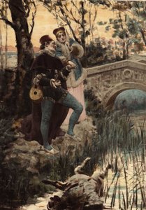 Bir dere ve köprü kenarında, sudaki bir hayvanın cesedine bakan bir adam ve bir kadın. Pantagruel. Jules Garnier tarafından çizilmiştir. "Rabelais et l