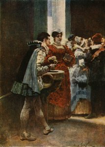Bir kilisenin girişinde, Panurge bir kadına su verirken. Pantagruel. Jules Garnier tarafından illüstrasyon. "Rabelais et l