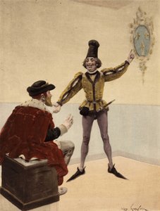 İngiltere Kralı V. Edouart (Edward), tuvaletinde, doktorunun kendisine gösterdiği Fransa armasına bakarken. Pantagruel. Jules Garnier tarafından çizilmiştir. "Rabelais et l