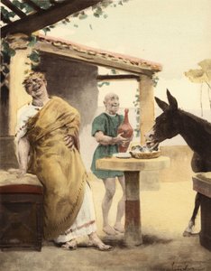 Philomenes, uşağı amforaya şarap koyarken incir yiyen Sycophagus