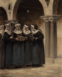 Coingnaufond Manastırı rahibeleri Papa Ian (John) XXII tarafından bağışlanan kutuyu açarken. Pantagruel. Jules Garnier tarafından çizilmiştir. "Rabelais et l