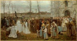 Bir Breton kilisesinin önünde bir calvary alayının dikilmesi. Jules Breton (1827-1906) 1858 Güneş tarafından yapılan tablo. 1,35x2,5 m Lille, Musee des Beaux Arts - Bir Calvary Kurmak. Bir Breton kilisesinin önünde alayı. Jules Breton (1827-1906,) 1858 tar by Jules Breton