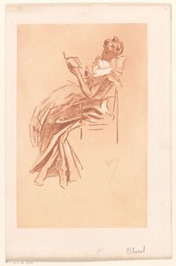 Genç kadın bir sandalyede okuyor by Jules Cheret