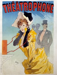 Theatrophone için Poster: genç bir zarif dinleyicilere bir tiyatro parçasını dinler. Jules Cheret