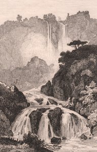 Terni, Umbria, İtalya yakınlarındaki Marmore Şelalesi'nin (Cascata delle Marmore) görünümü, Jules Coignet (1798-1860) tarafından çizildikten sonra çelik gravür, yaklaşık 14x20 cm
