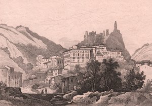 Nicastro'nun görünümü, Calabria, İtalya, Jules Coignet (1798-1860) tarafından çizildikten sonra Dunaime tarafından yapılmış çelik gravür, yaklaşık 13x10 cm