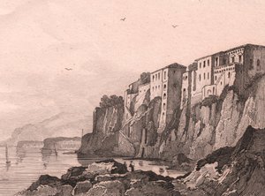 Sorrento'nun Torquato Tasso'nun eviyle görünümü, Campania, İtalya, Jules Coignet (1798-1860) tarafından çizildikten sonra Sauvage tarafından çelik gravür, yaklaşık 13x10 cm