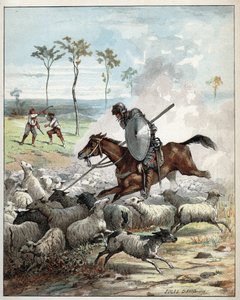 Don Kişot şövalye olduklarını düşünerek koyunları öldürüyor - Don Kişot atının üzerinde şövalyeler için aldığı koyunları deliyor - Histoire de Don Kişot