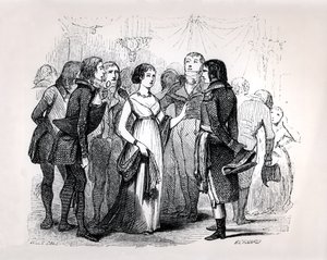 Madame de Stael (1766-1817), Napolyon Bonapart'ı (1769-1821) en iyi kadınlar hakkında sorguluyor, Emile Marco de Saint-Hilaire'in 'Napolyon'undan, Bernard tarafından oyulmuş, Paris, 1843
