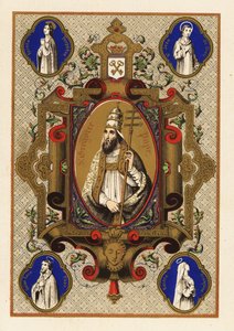 Dekoratif bir kenarlık içinde Aziz Gregory, Papa Gregory I, triregnum veya üçlü taç ve Papalık ferula ile portresi by Jules Desportes