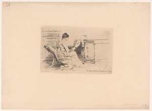 Alçak sandalyede fan olan kadın by Jules Ferdinand Jacquemart (attributed to)