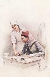 Okuma dersi. Senegalli bir ayakkabıcıya okumayı öğrenen bir Kızılhaç hemşiresini temsil eden "Uluslar Savaşı" kartpostalı