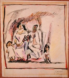 Anne, Baba ve Üç Çocuk (kağıt üzerine sulu boya) by Jules Pascin