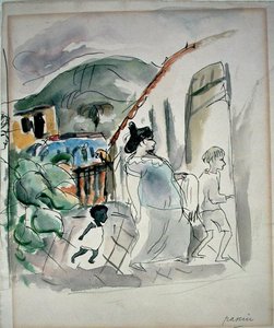 Kadın ve İki Çocuk (kağıt üzerine sulu boya) by Jules Pascin