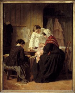 Üç kadın dikiş. Jules Trayer tarafından yapılan boyama (1824 - 1909)