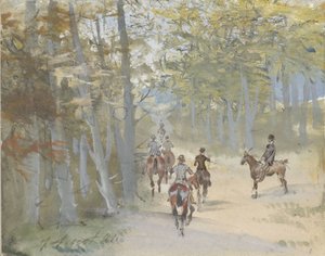 Biniciler ile orman manzarası by Jules baron Finot